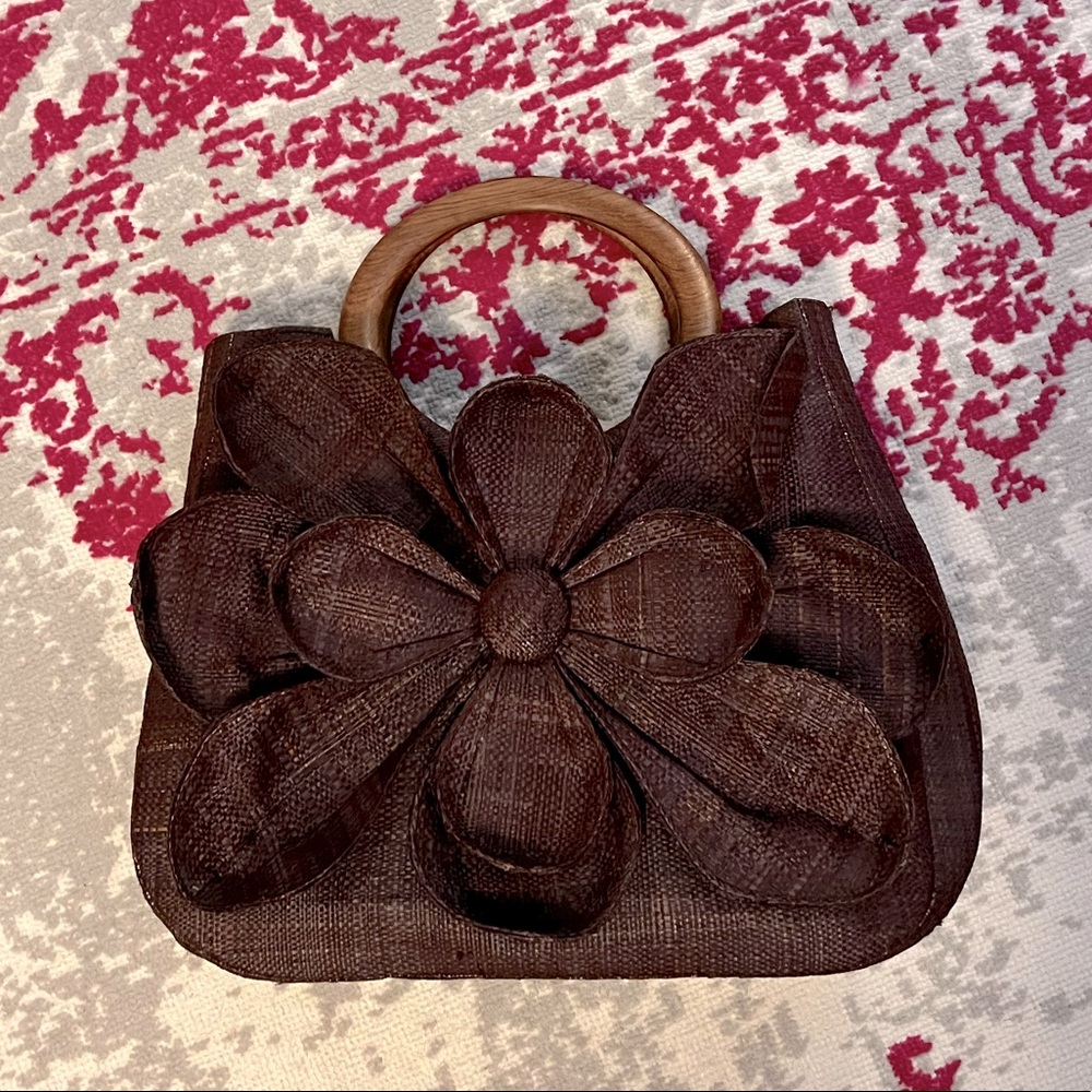 Mar y Sol Guadalupe floral raffia bag with wooden handles